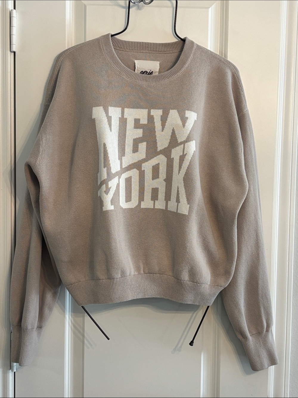 aerie Beige Crewneck Cotton Sweater with White "NEW YORK" Graphic. Large